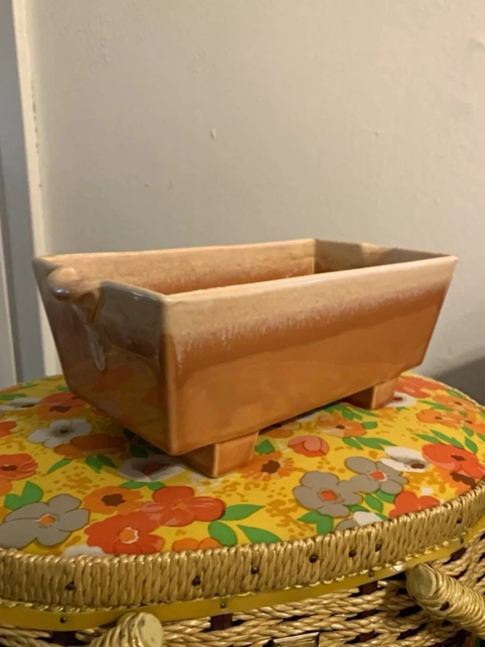 Vintage 1968 McCoy? retro drip glaze ceramic planter peach and orange
